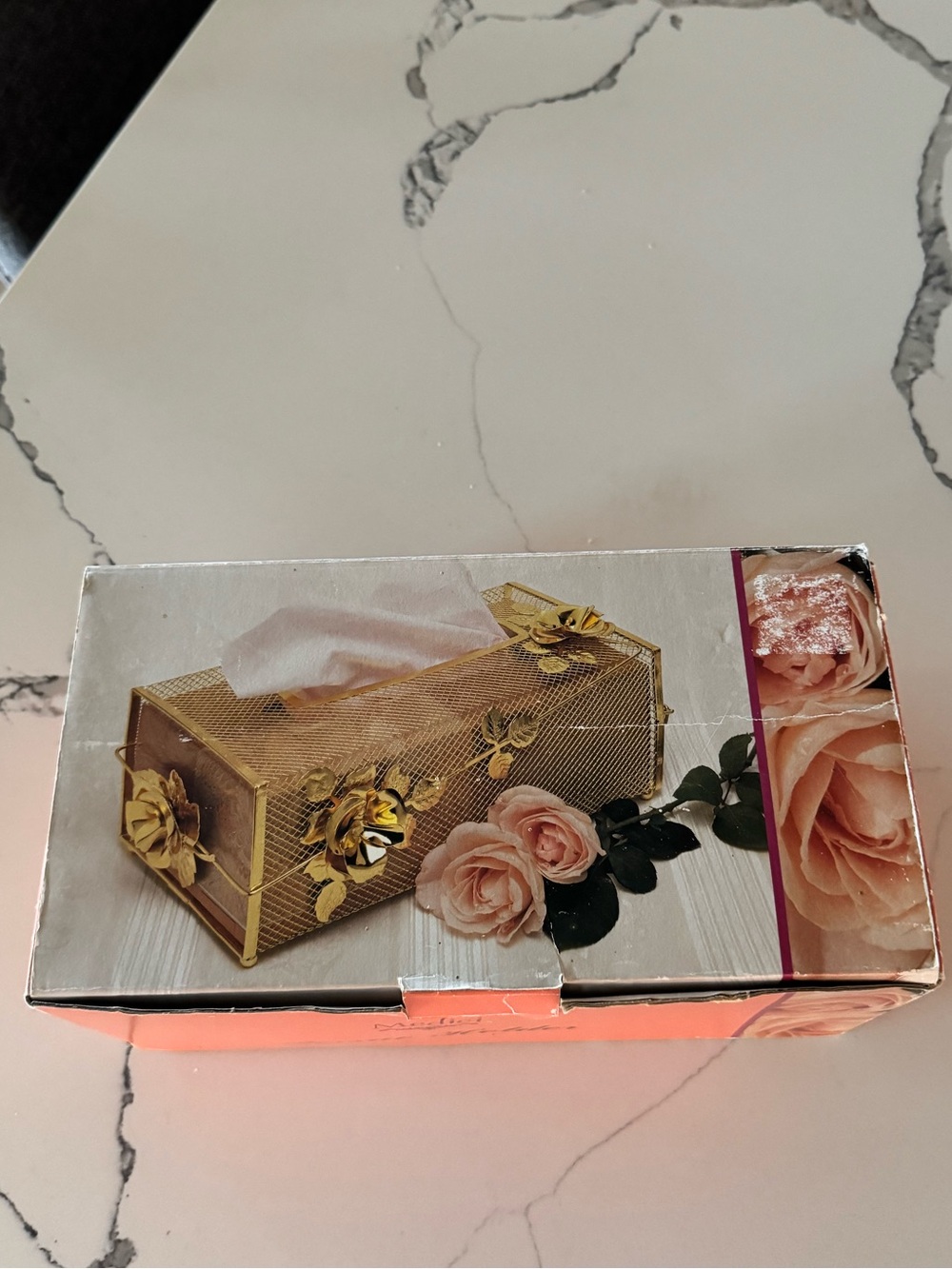 New Old Stock Vintage Gold Floral Tissue Holder